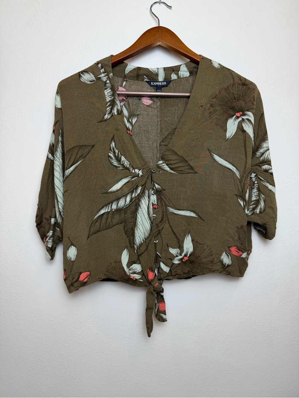 Express Olive Floral Tie-Front Blouse with Coral Accents